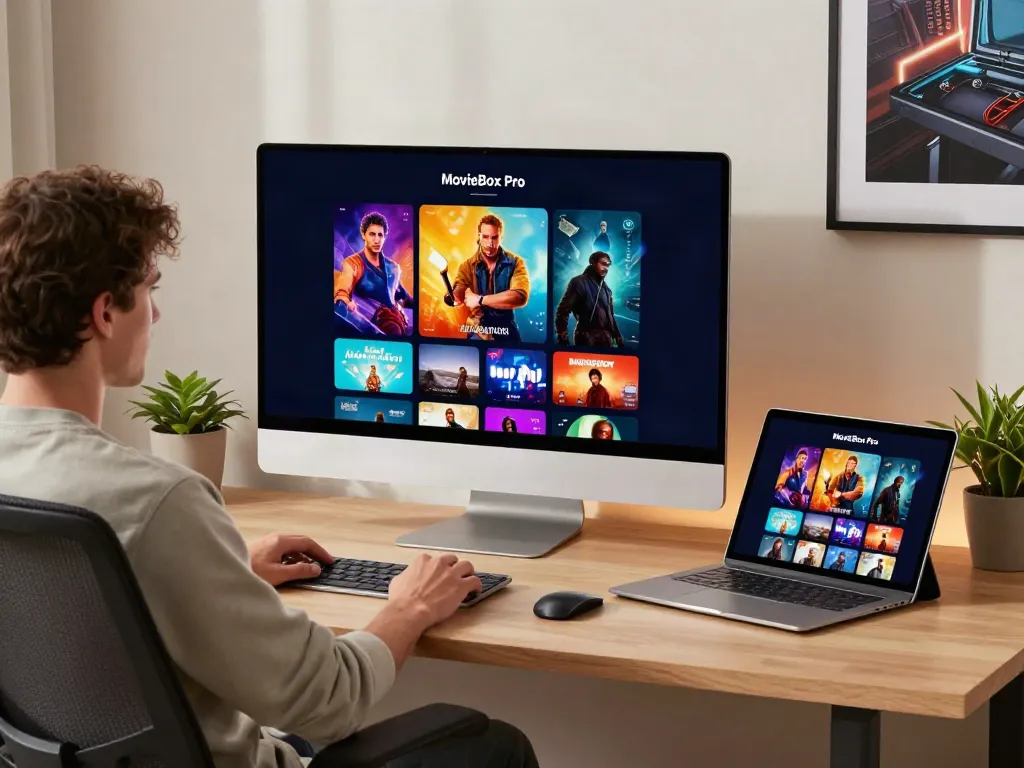 Engaging scene showing a user enjoying MovieBox Pro on PC version with vibrant content on large screen.